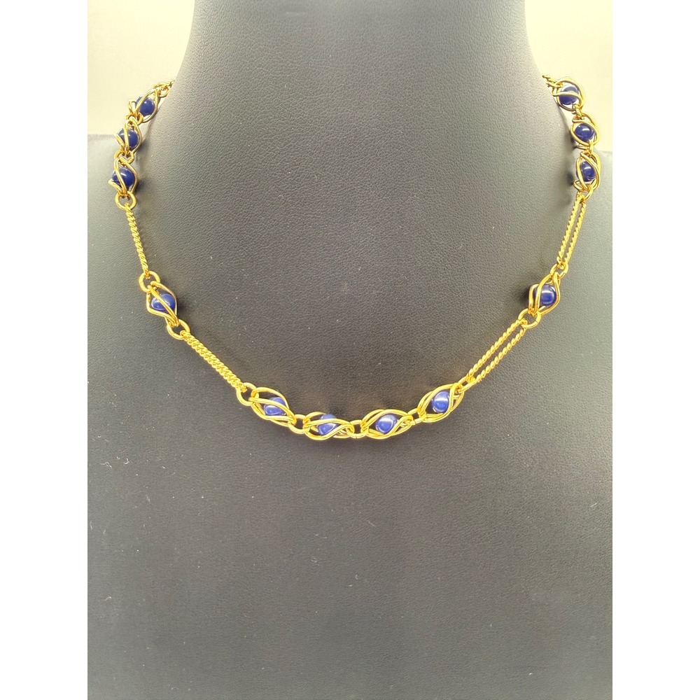 Vintage Gold‎ Tone Blue Wire Wrapped Bead Station Necklace 16 Inch